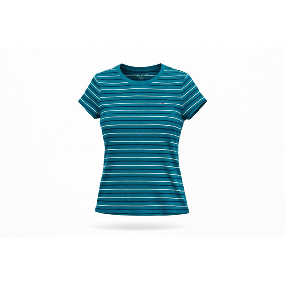 Tommy Hilfiger Tops - Tommy Hilfiger Women’s Striped T-Shirt Size M Green/Gold Short Sleeve Logo Tee